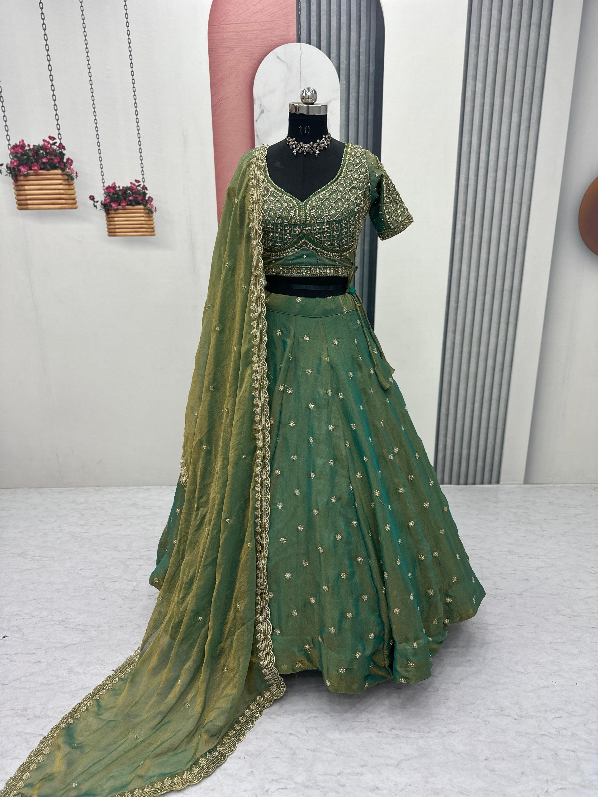 Sage Green Color Mosh Lehenga Choli Set with Dupatta | Heavy Sequence Work Festive Wear
