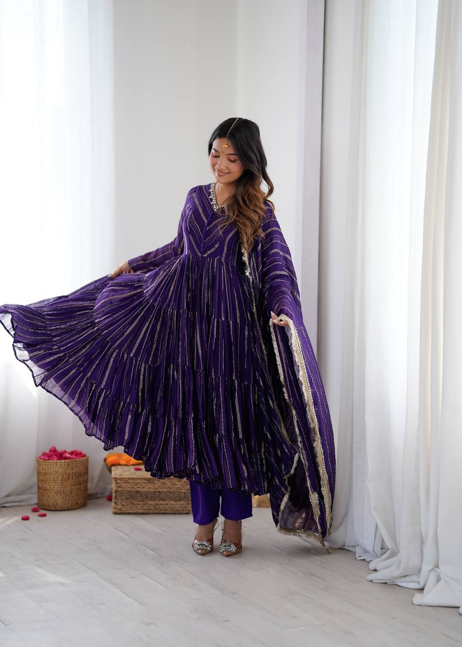 Royal Purple Color Mal Chanderi Ruffle Flaired Gown | Nardev Fashion