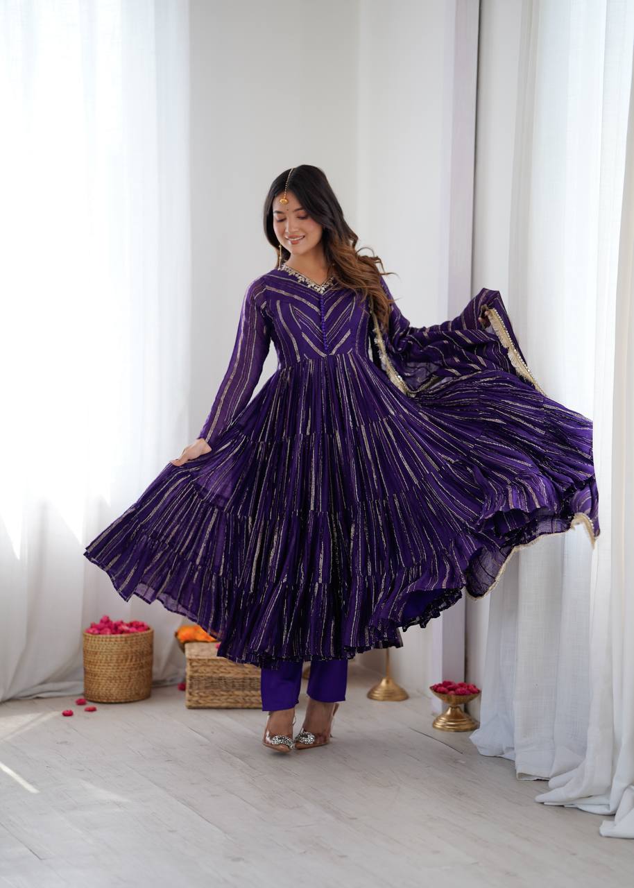 Royal Purple Color Mal Chanderi Ruffle Flaired Gown | Nardev Fashion