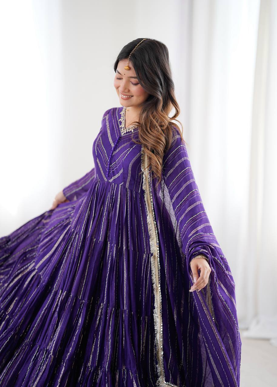 Royal Purple Color Mal Chanderi Ruffle Flaired Gown | Nardev Fashion