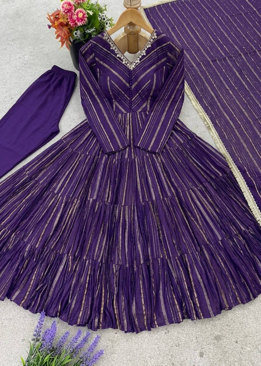 Royal Purple Color Mal Chanderi Ruffle Flaired Gown | Nardev Fashion