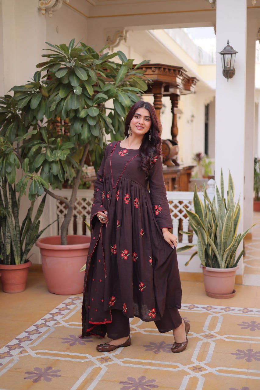 Brown Color Cotton Embroidered Kurti Pant Dupatta Set for Women | Readymade Ethnic Wear