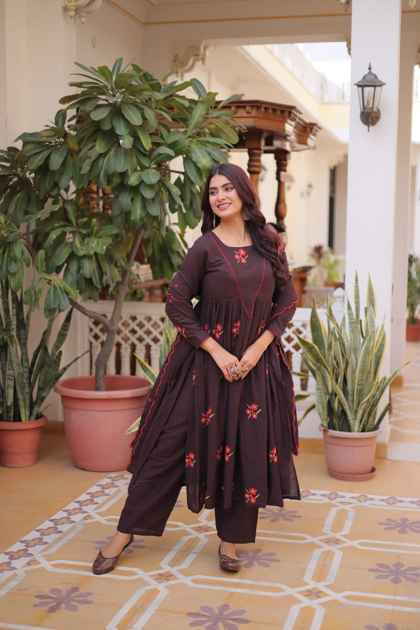 Brown Color Cotton Embroidered Kurti Pant Dupatta Set for Women | Readymade Ethnic Wear