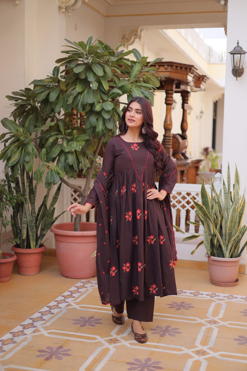 Brown Color Cotton Embroidered Kurti Pant Dupatta Set for Women | Readymade Ethnic Wear