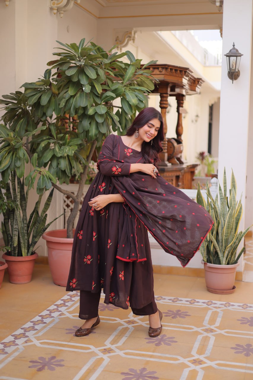 Brown Color Cotton Embroidered Kurti Pant Dupatta Set for Women | Readymade Ethnic Wear