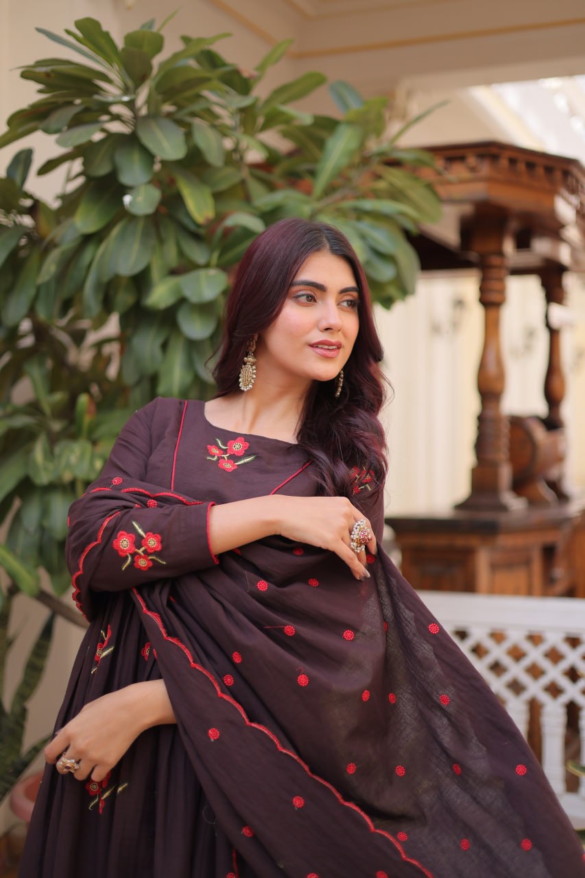 Brown Color Cotton Embroidered Kurti Pant Dupatta Set for Women | Readymade Ethnic Wear