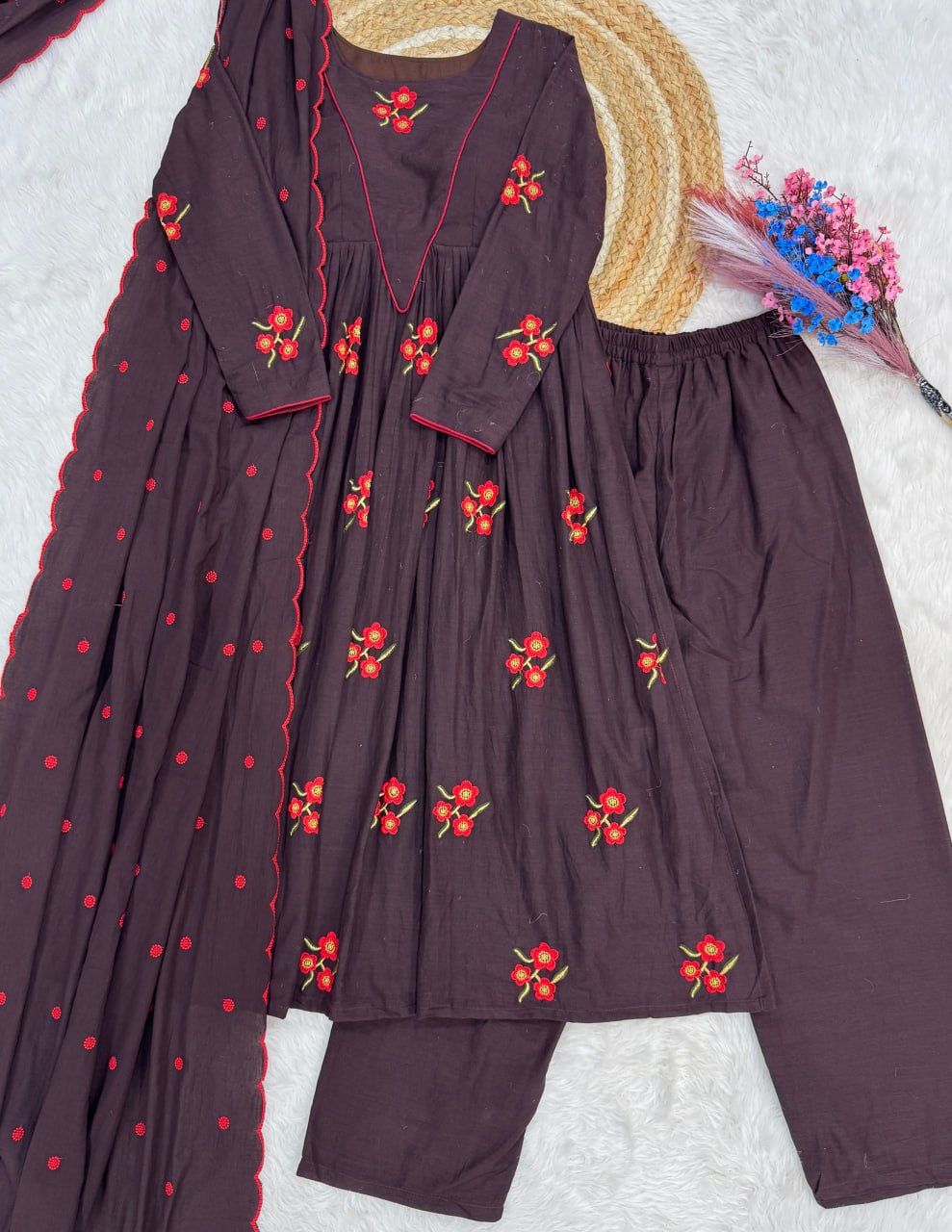 Brown Color Cotton Embroidered Kurti Pant Dupatta Set for Women | Readymade Ethnic Wear
