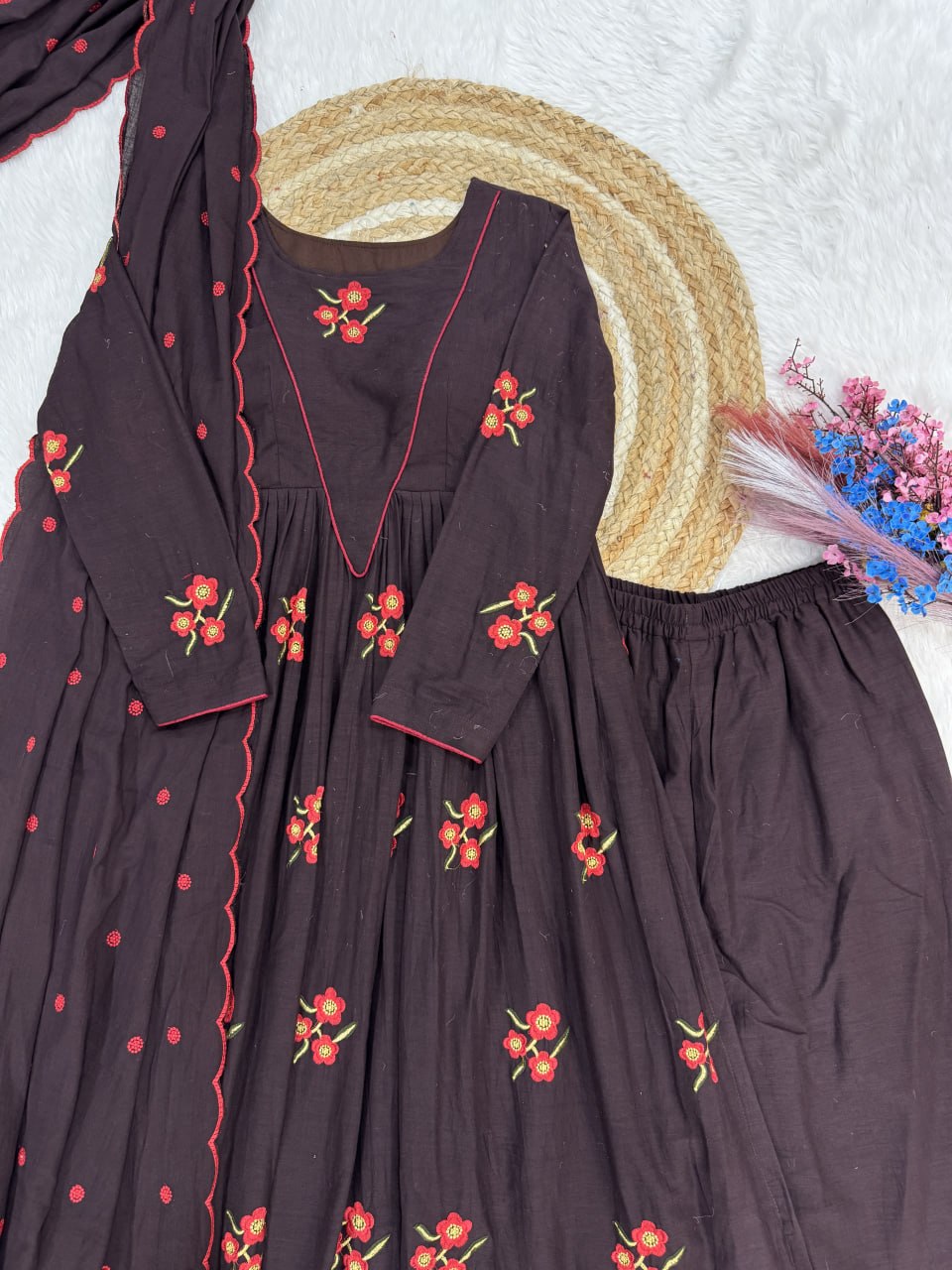 Brown Color Cotton Embroidered Kurti Pant Dupatta Set for Women | Readymade Ethnic Wear