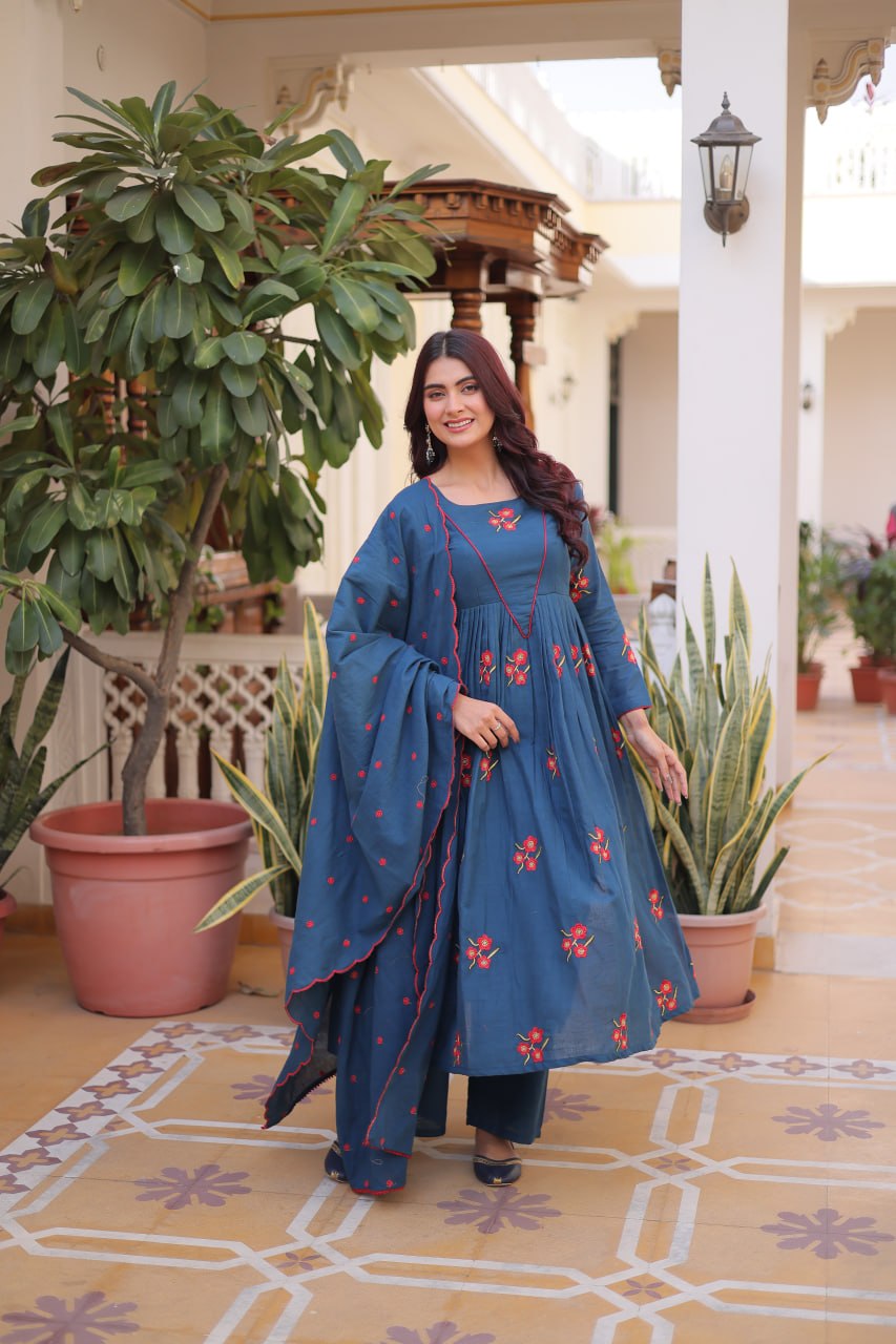 Blue Color Cotton Embroidered Kurti Pant Dupatta Set for Women | Readymade Ethnic Wear