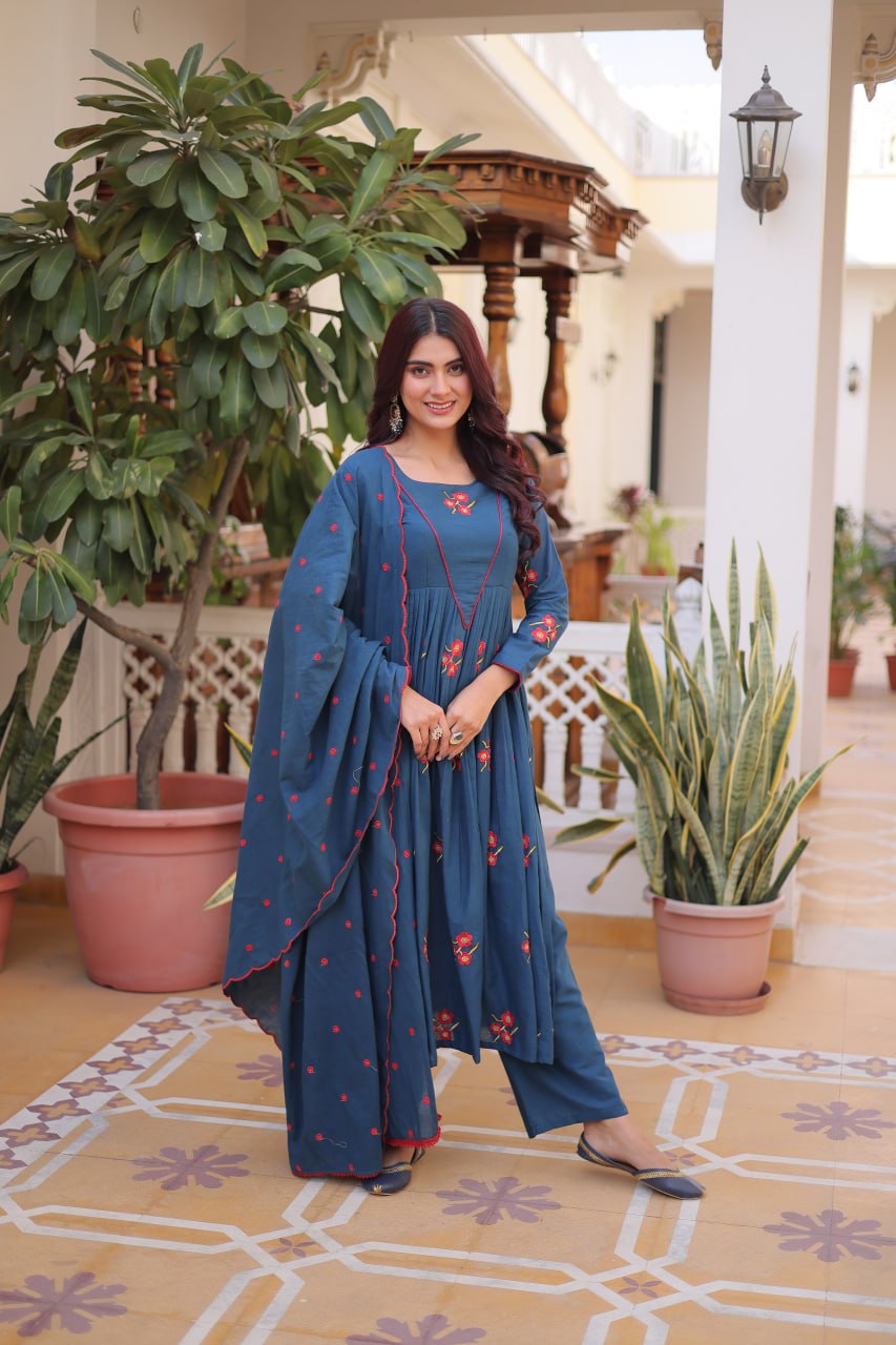 Blue Color Cotton Embroidered Kurti Pant Dupatta Set for Women | Readymade Ethnic Wear