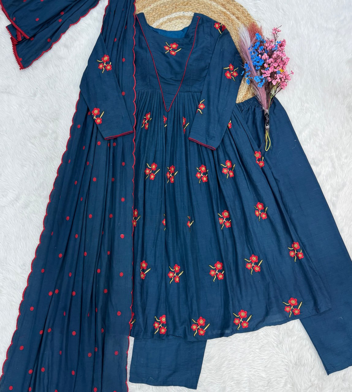 Blue Color Cotton Embroidered Kurti Pant Dupatta Set for Women | Readymade Ethnic Wear