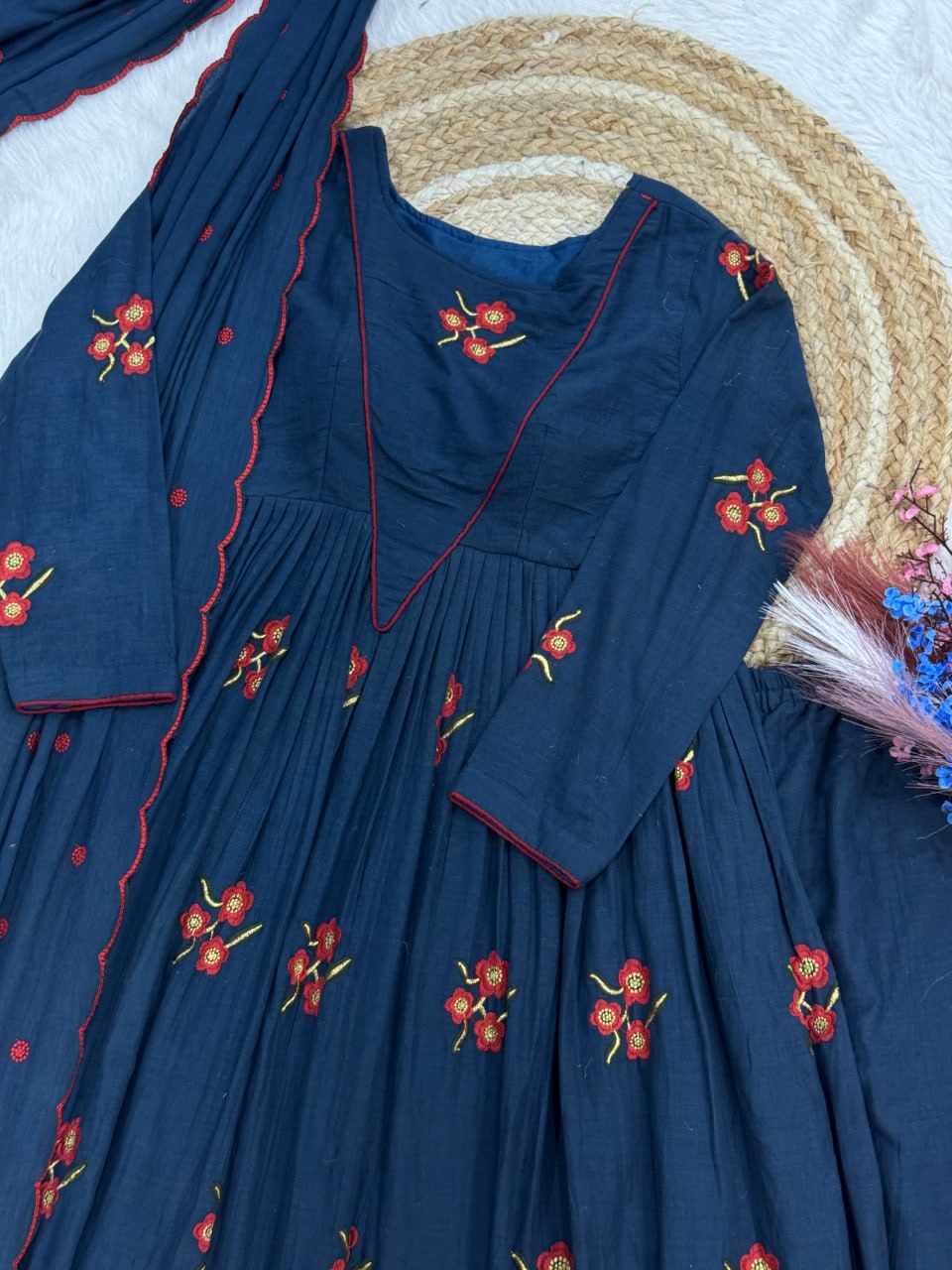 Blue Color Cotton Embroidered Kurti Pant Dupatta Set for Women | Readymade Ethnic Wear