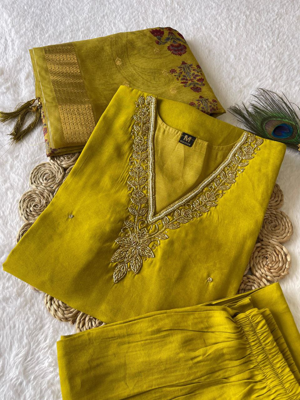 Parrot Handwork Kurti Pant Dupatta Set