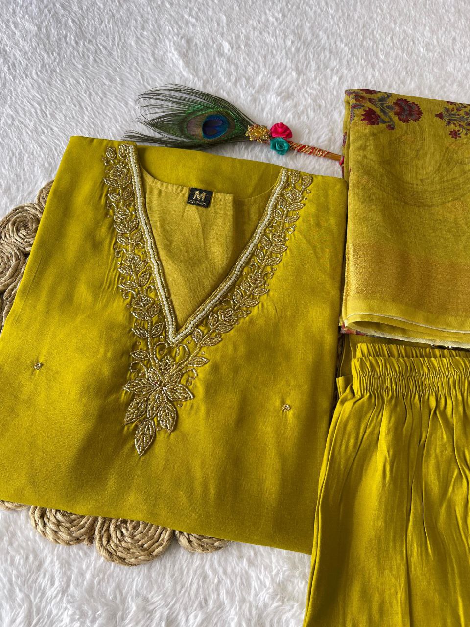 Parrot Handwork Kurti Pant Dupatta Set