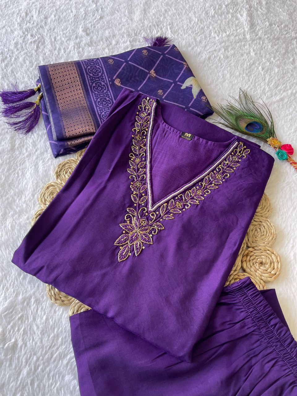 Purple Handwork Kurti Pant Dupatta Set