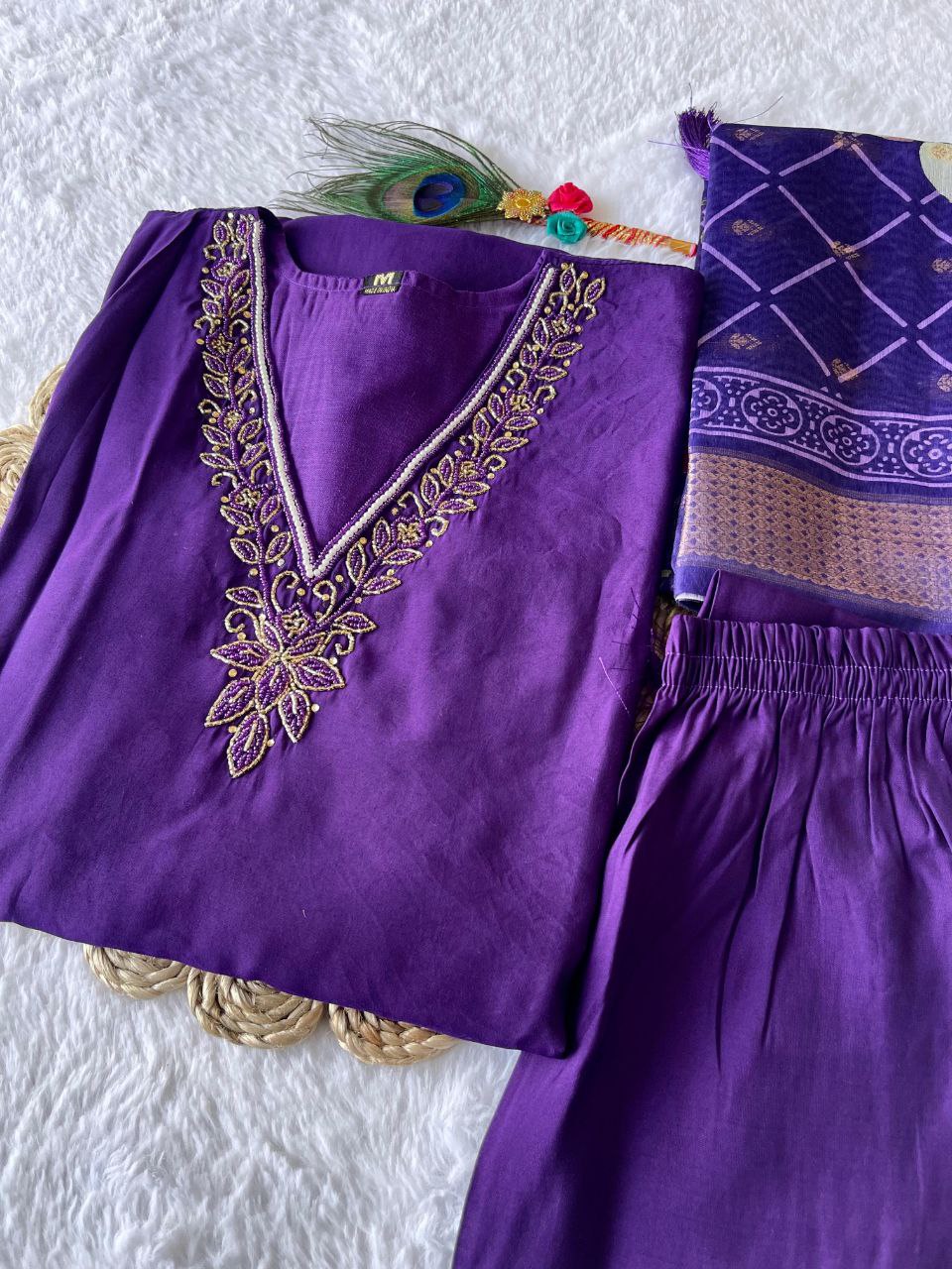 Purple Handwork Kurti Pant Dupatta Set