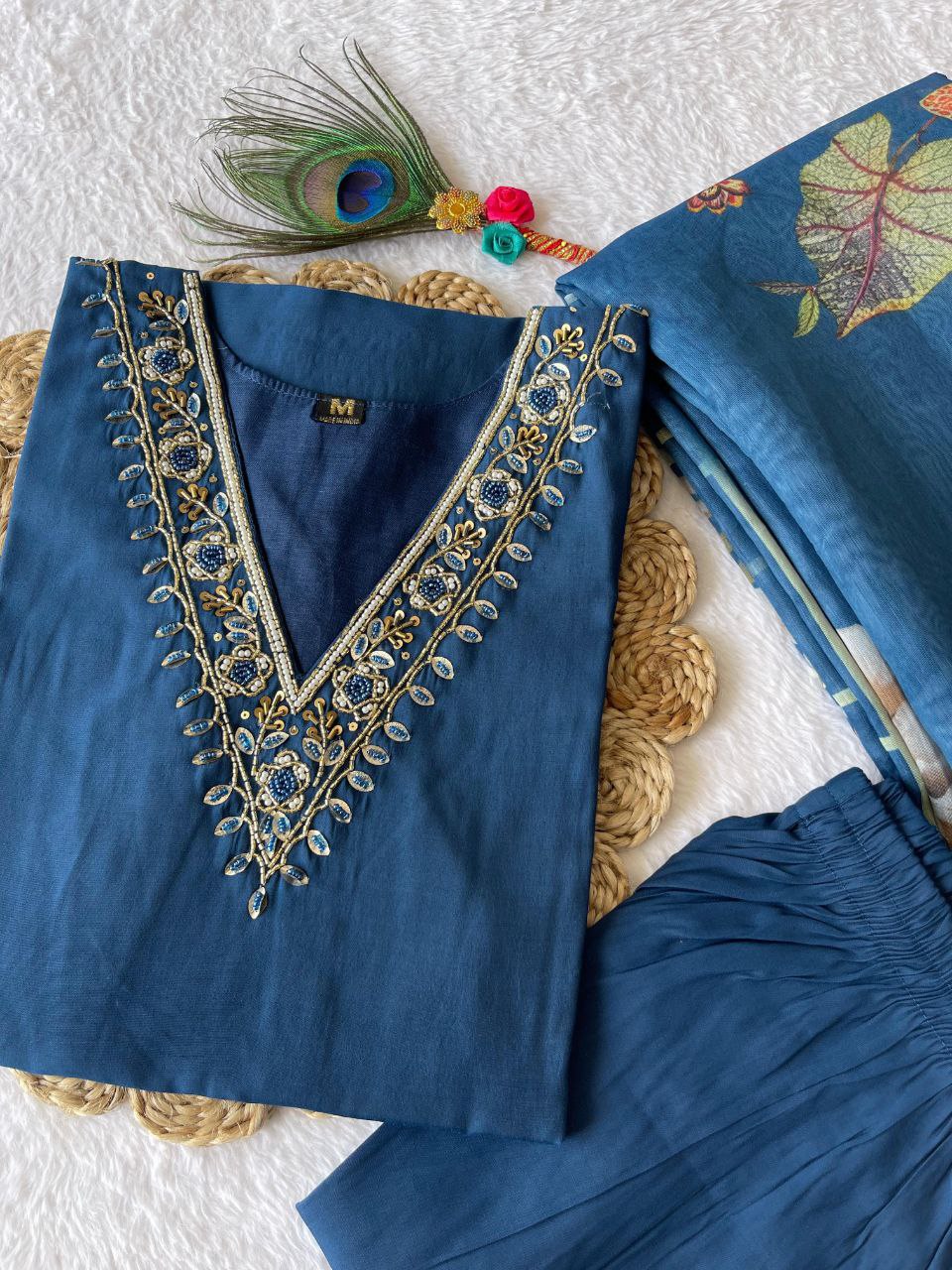 Karvachoth Special Indigo Blue Kurti Pant Dupatta Set