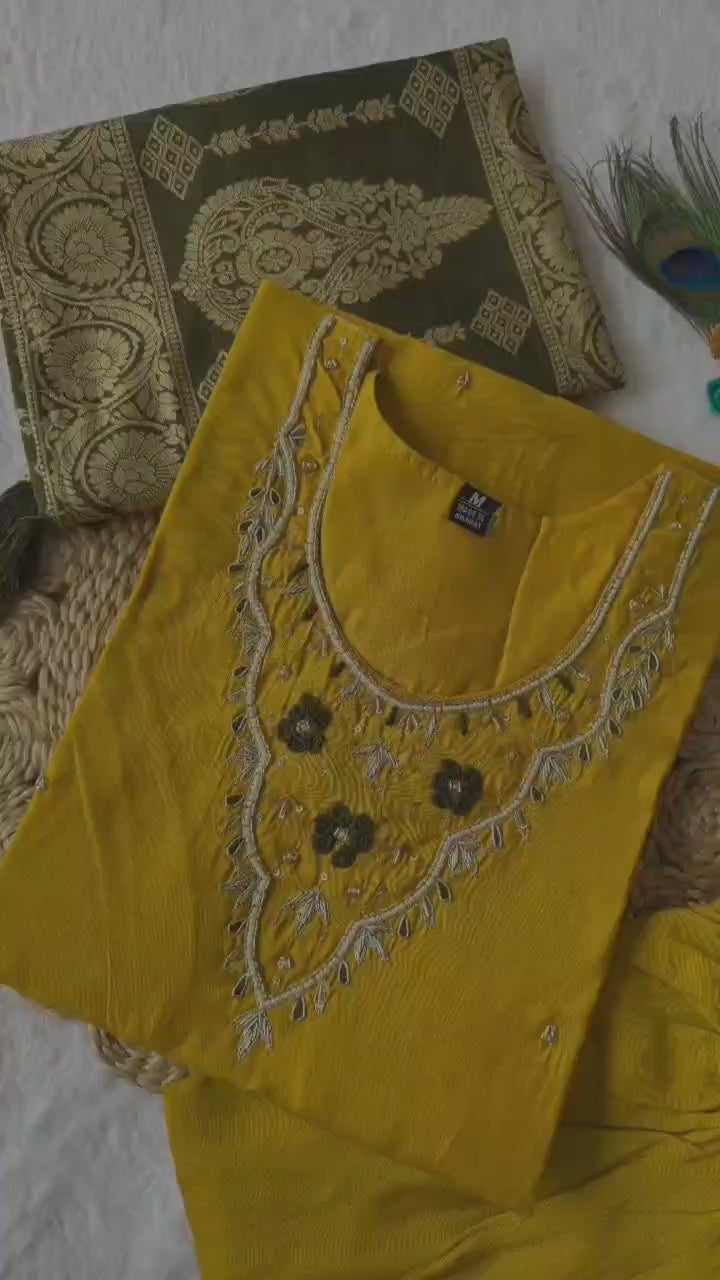 Yellow Fully Hand Work Roman Silk Kurti With Pant & Dupatta Set