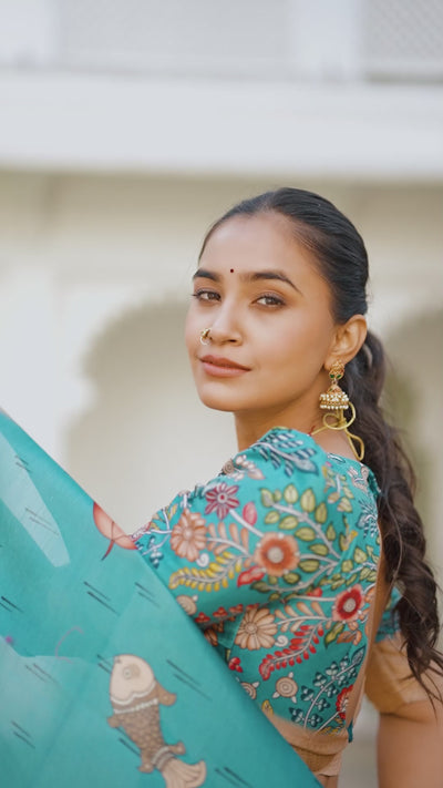 Yellow With Teal Kalamkari Print Dola Silk Traditional Lehenga Choli