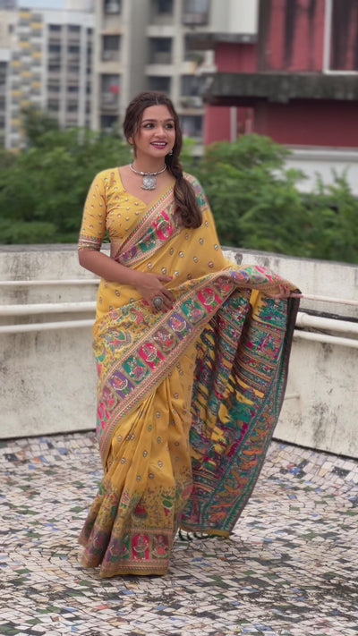 Yellow Pashmina Kashmiri Silk Zari Woven Saree