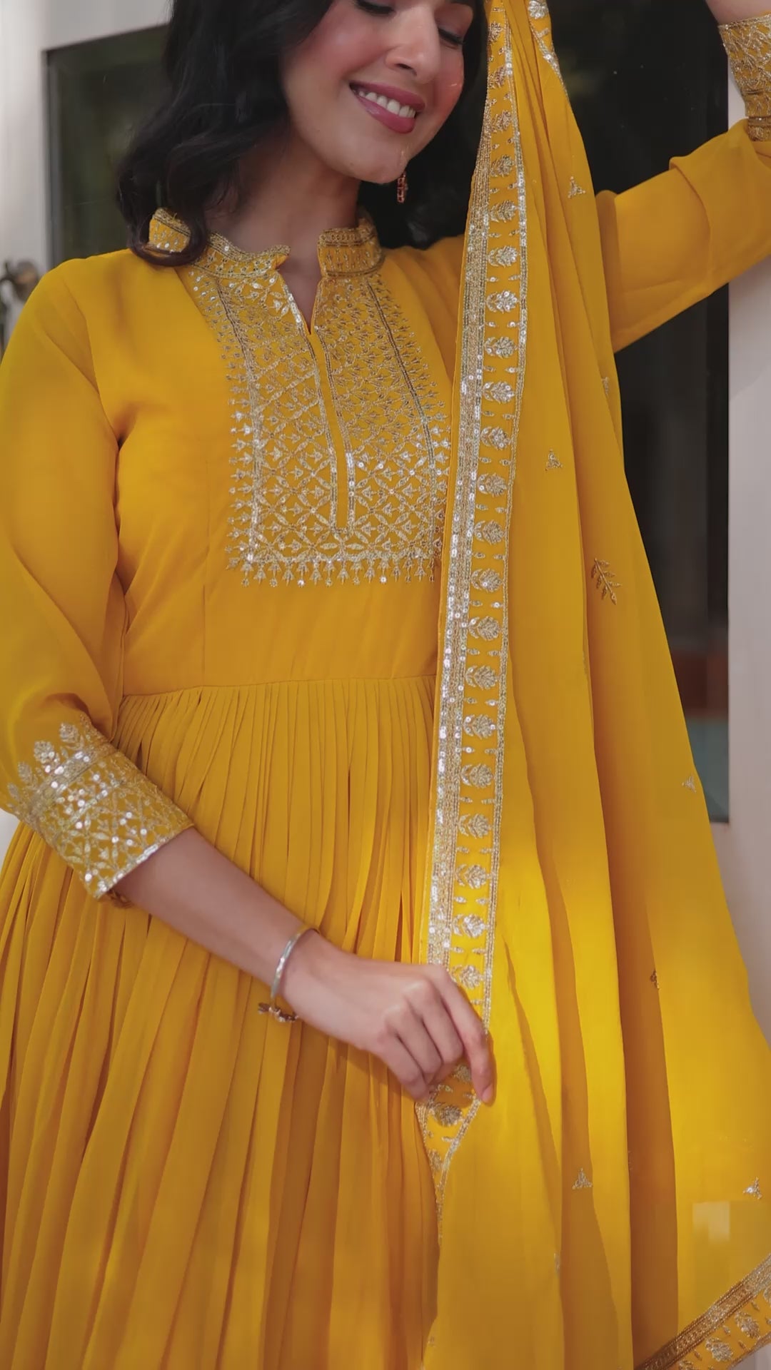 Letest Yellow Anarkali Gown With Pant & Dupatta Set