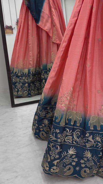 Coral With Blue Lehenga Choli For Wedding