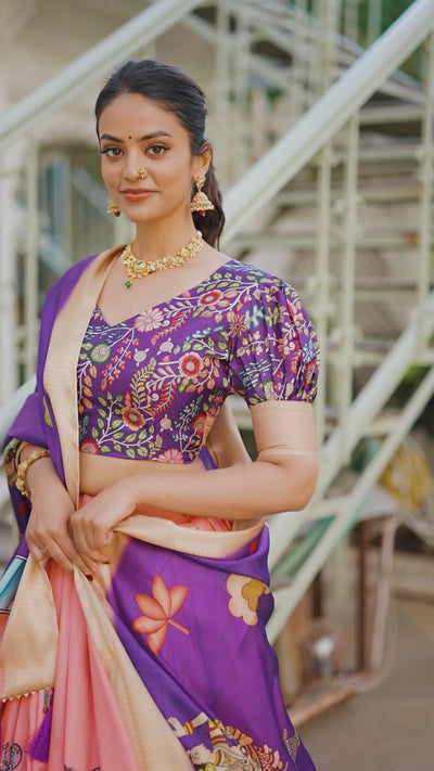 Purple Kalamkari Print Dola Silk Traditional Lehenga Choli