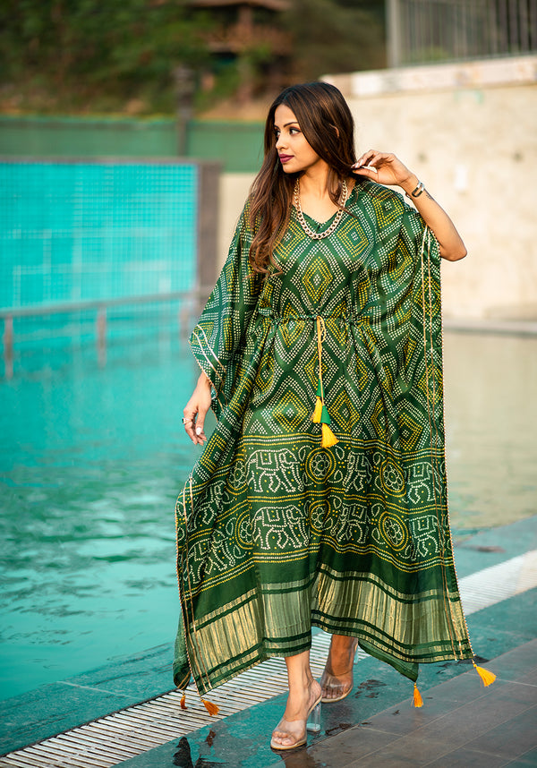Green Color Pure Gajji Silk Kaftan -Bandhani Prints