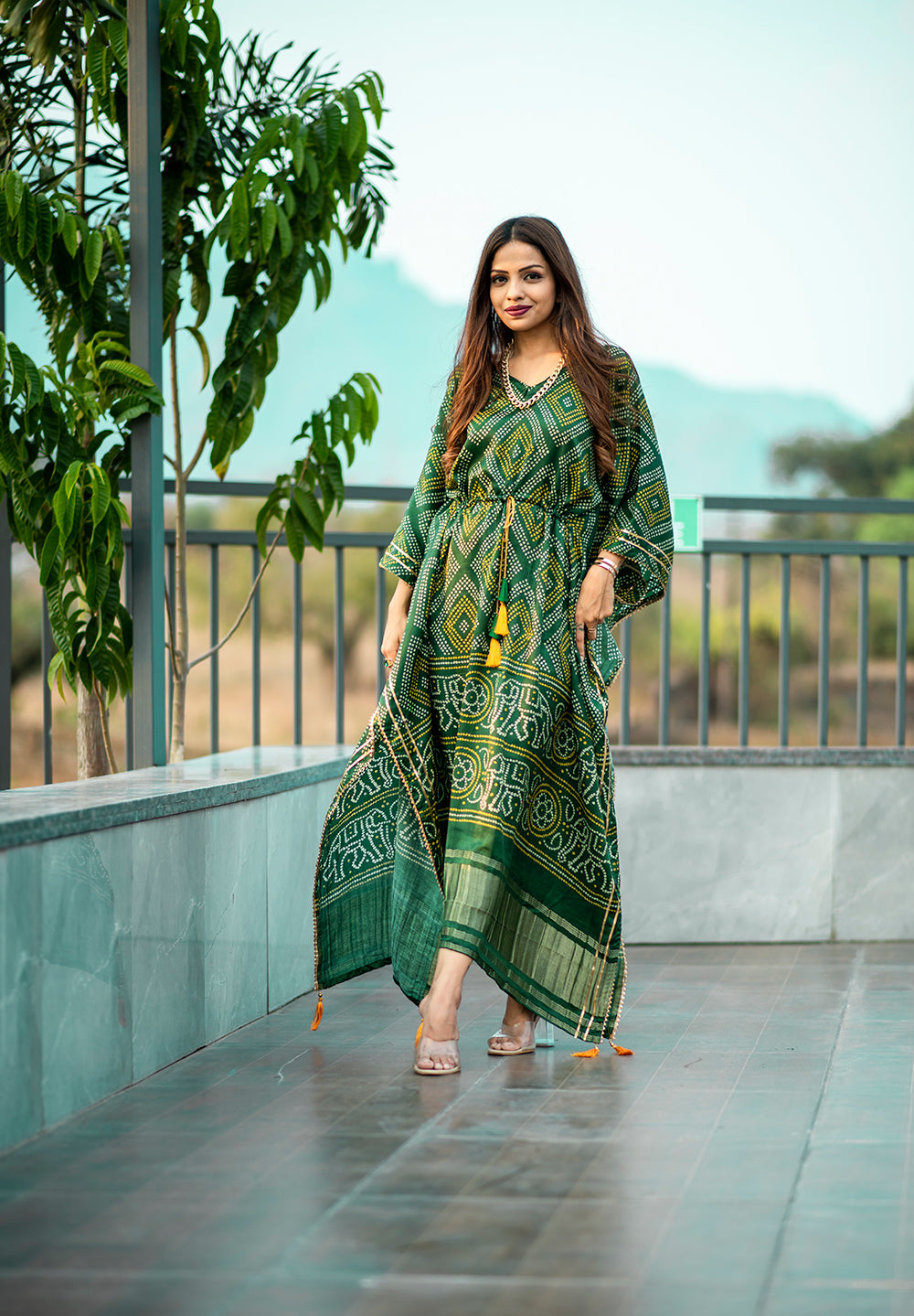 Green Color Pure Gajji Silk Kaftan -Bandhani Prints