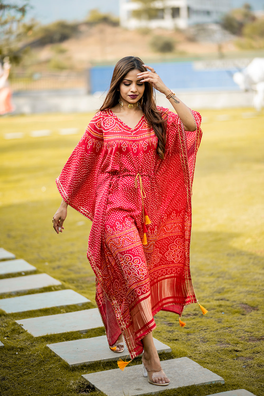 Red Color Pure Gajji Silk Kaftan -Bandhani Prints
