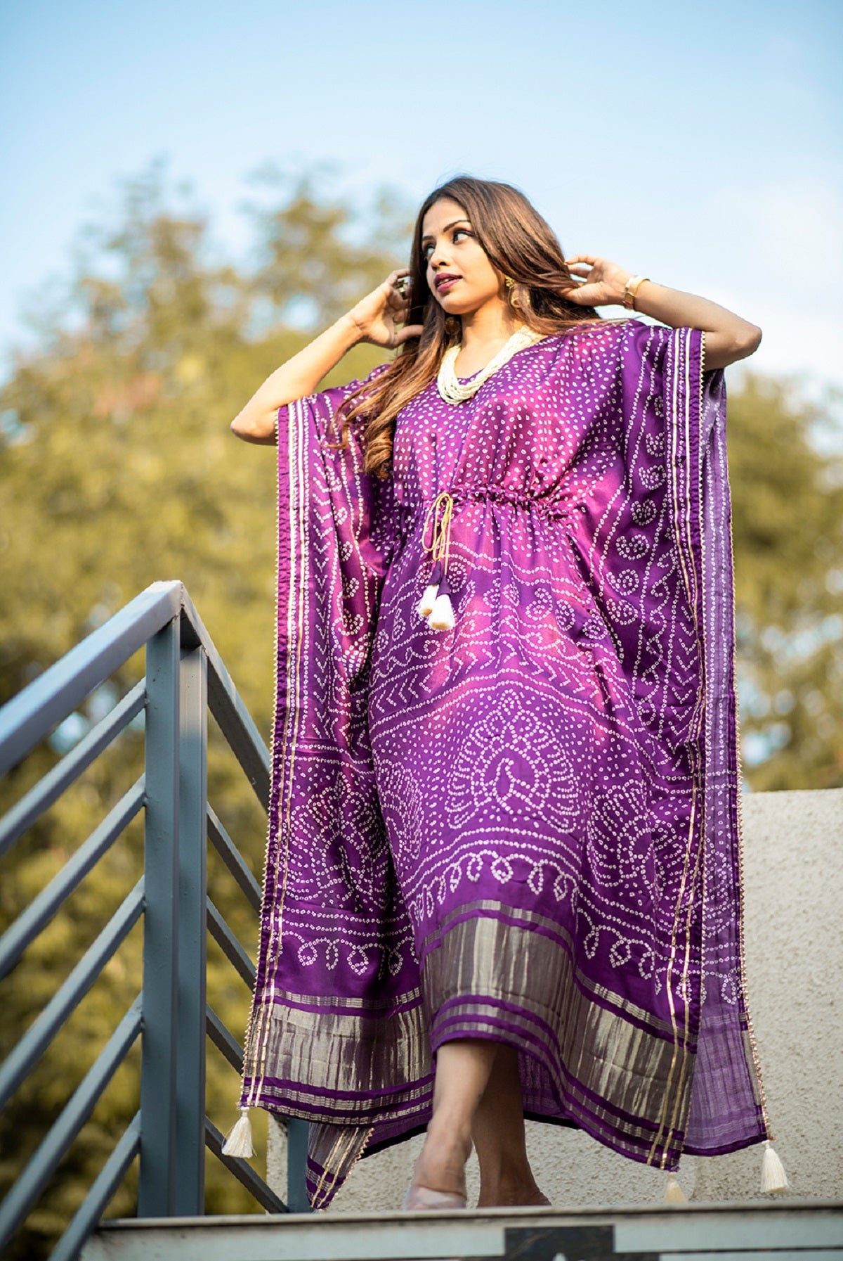 Purple Color Pure Gajji Silk Kaftan -Bandhani Prints