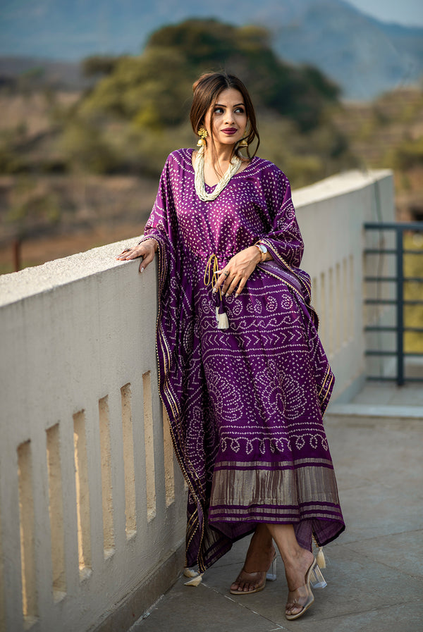 Purple Color Pure Gajji Silk Kaftan -Bandhani Prints