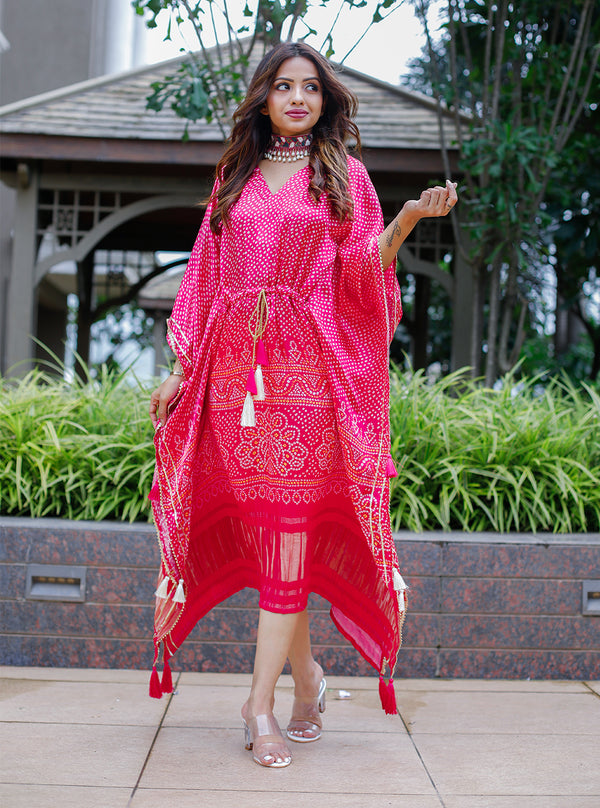 Pink Bandhani Prints Pure Gajji Silk Kaftan | Nardev Fashion