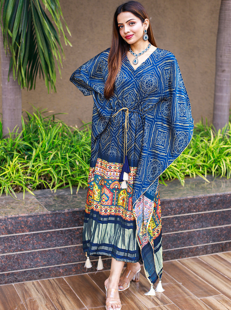 DeepBlue Bandhani Prints Pure Gajji Silk Kaftan | Nardev Fashion | Engagement Ceremony Dress